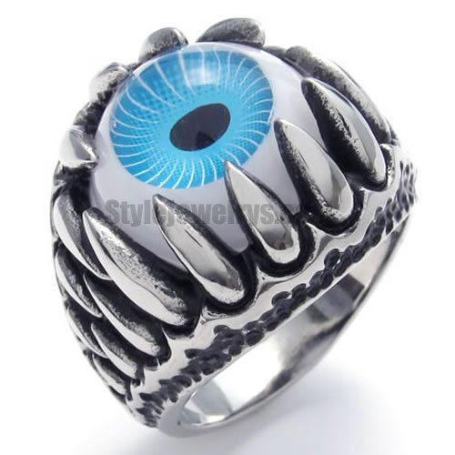 Blue Eyeball Demon Skull Biker Ring Stainless Steel Gothic Dragon Claw Blue Devil Eye Biker Men Ring SWR0085 - Click Image to Close